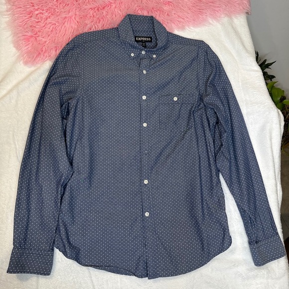 Express Other - Express Mens Blue Polka‎ Dot Long Sleeve Button Down Shirt Small 14-14.5 Cotton